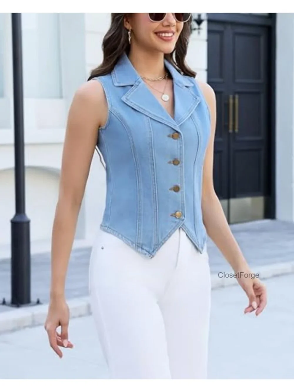 Sleeveless Denim Vest Top Lapel Collar Button Down V Neck Lightweight Fitted